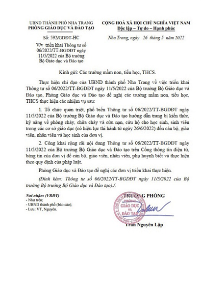 Triển khai Thông tư số 06/2022/TT-BGDĐT NGÀY 11/5/2022 của Bộ trưởng Bộ Giáo dục và Đào tạo